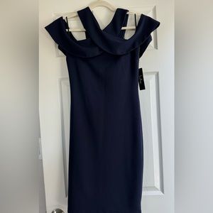 Navy blue open shoulder cocktail dress, NWT
